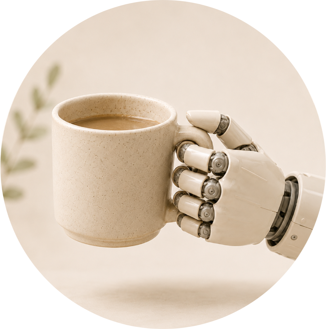 Robotic hand holding a coffee mug