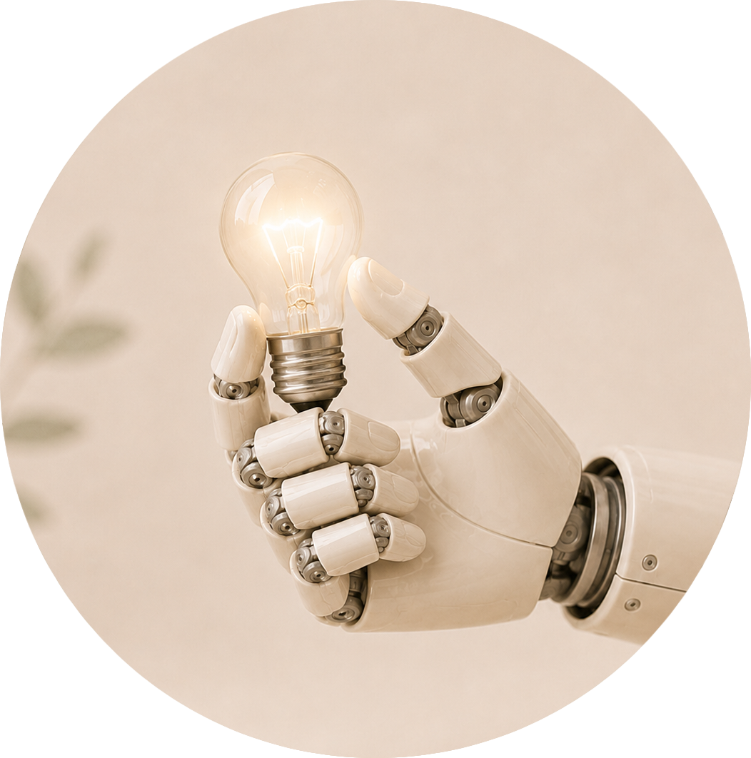 Robotic hand holding a glowing light bulb
